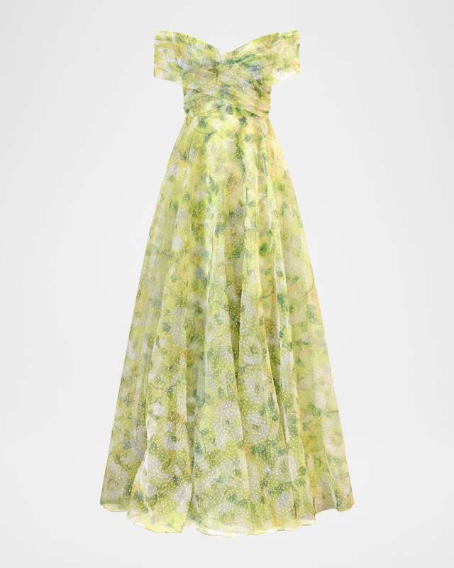 Ryan Pleated Off-Shoulder Organza Gown